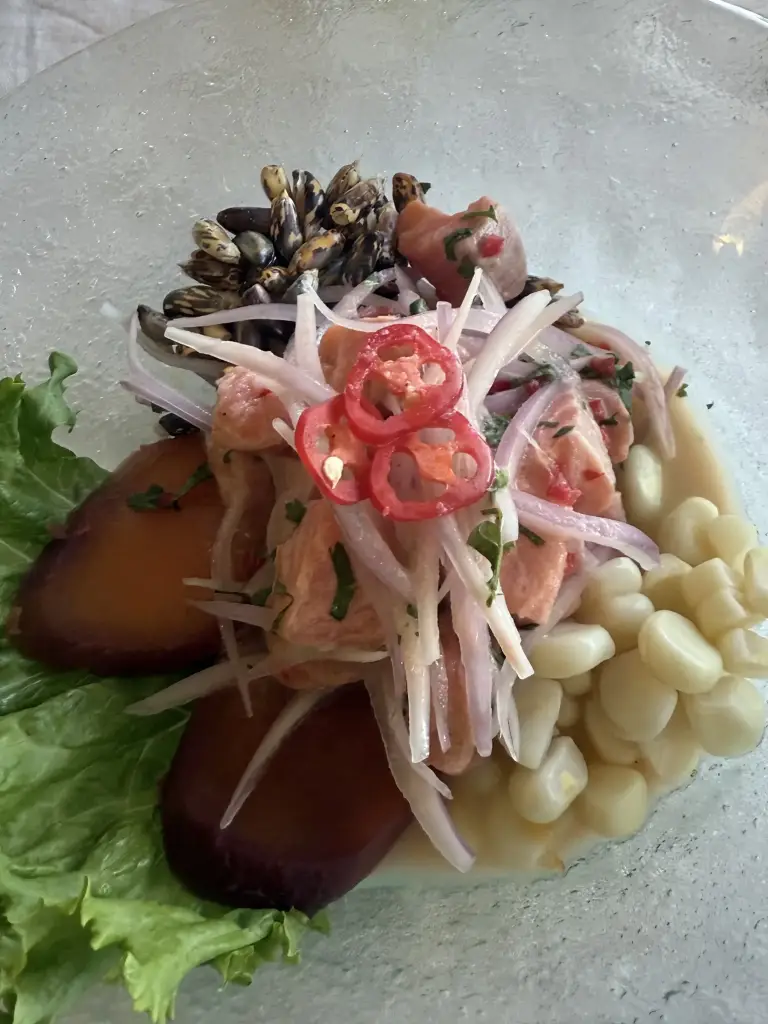 Peruvian ceviche with corn, sweet potato, onion, and chili peppers, a fresh culinary experience for a motorcycle trip along the Pacific coast.